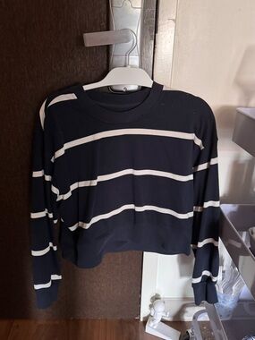 Lululemon Navy & White Striped Cropped Long Sleeve Top